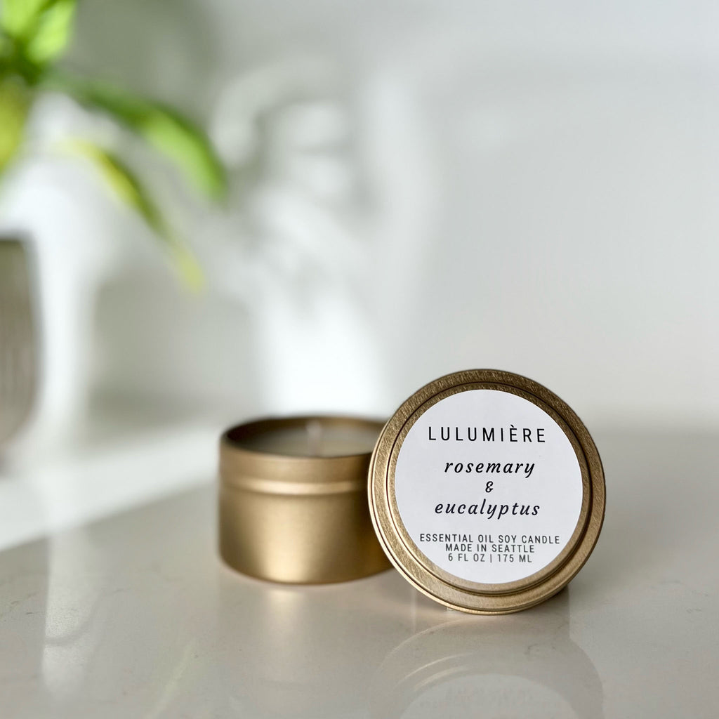 Rosemary & Eucalyptus Gold Tin 100% Essential Oil Candle – LULUMIÈRE